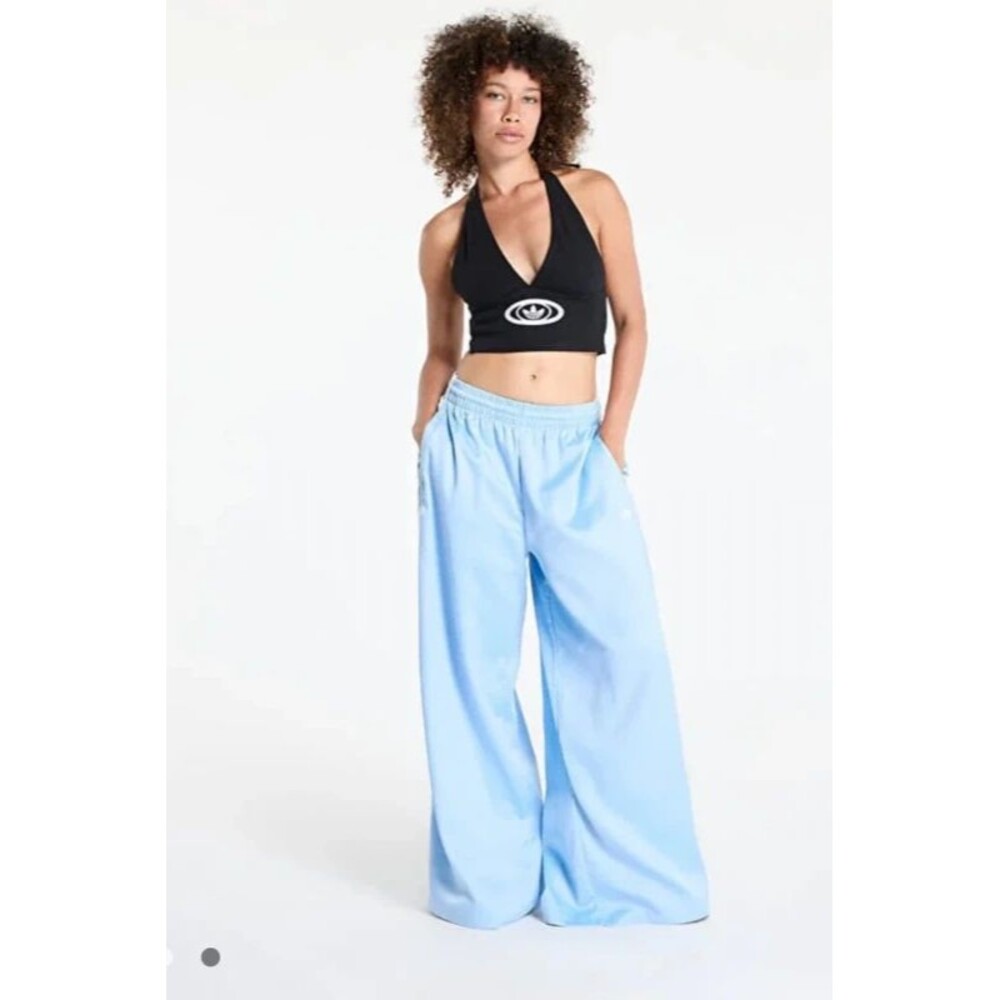 NWT - adidas Track Pant Satin Bottoms Baby Blue White Ruffle Stripes - Picture 2 of 9